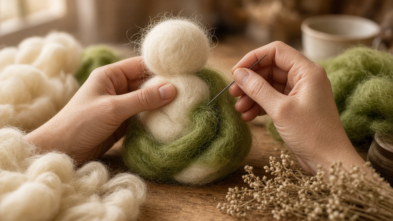 Hands needle-felting Merino wool into a fairy form