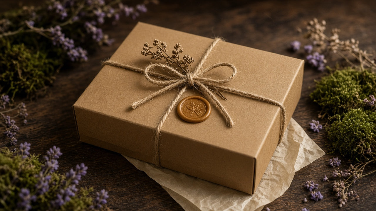 Closed kraft woodland gift box tied with twine and a wax seal