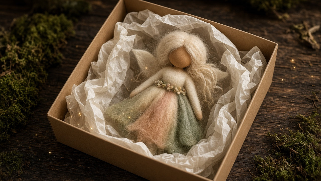 Open kraft box with a felted wool fairy nestled in soft tissue
