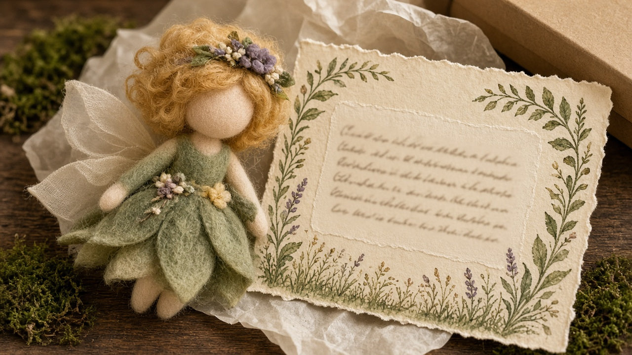 Felted wool fairy beside a parchment story card with botanical border