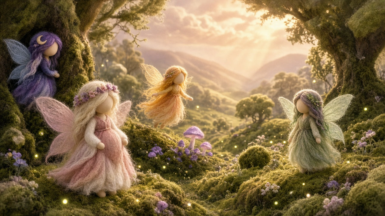 Hand-felted Merino wool fairy in an enchanted woodland scene
